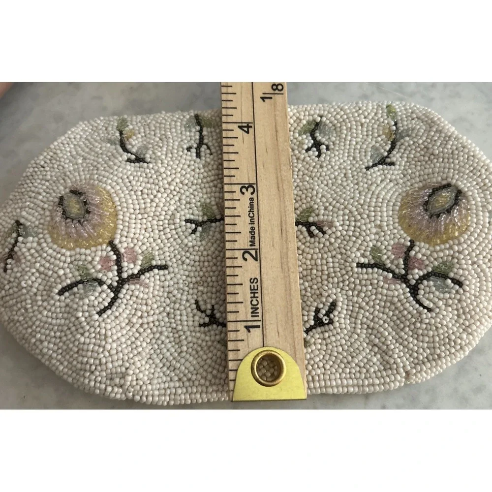 Beautiful Vintage Charlet Floral Cream Beaded Silk Lined Evening Bag Kiss Lock